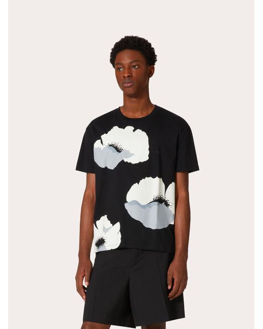 T-shirt in cotone con stampa flower portrait di Valentino Garavani in Black da Uomo