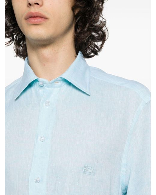 Etro Blue Linen Shirt With Pegasus Embroidery for men