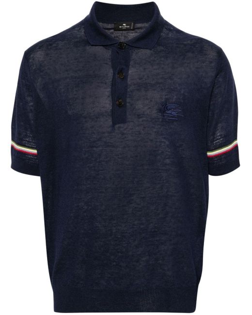 Etro Blue Logo-embroidered Knitted Polo Shirt for men