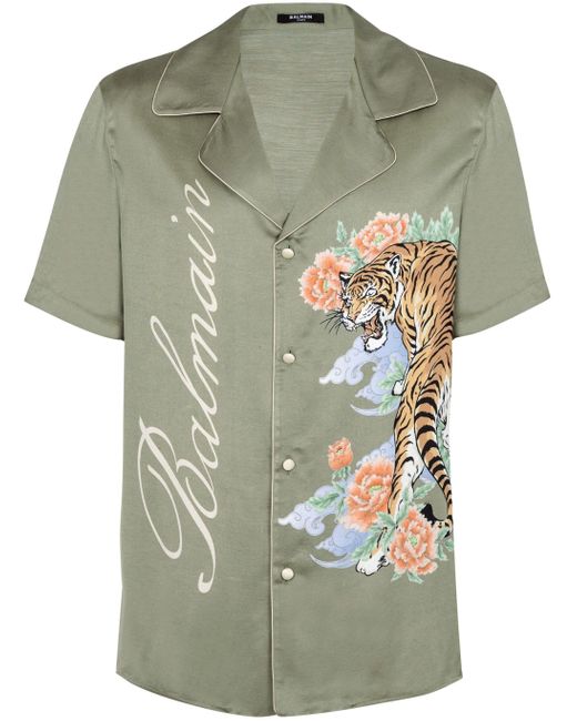 Camicia con stampa tigre di Balmain in Green da Uomo