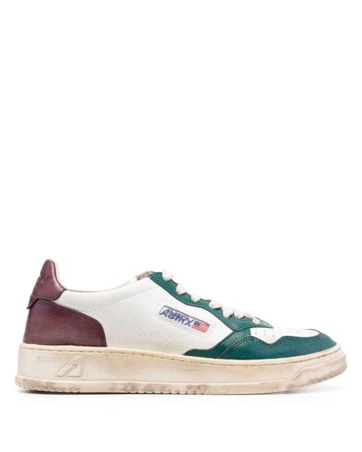 Autry Blue Super Vintage Medalist Low Sneakers In White, Green And Burgundy Leather for men