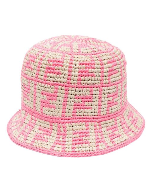 Fendi Pink Hat In Raffia And Cotton With All-over Ff Monogram