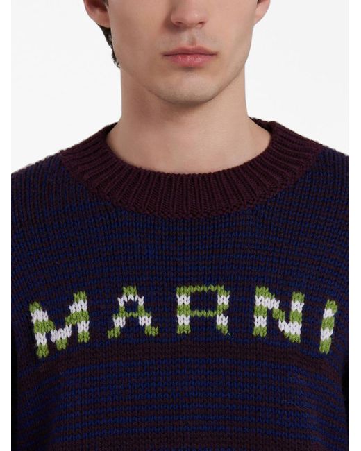 Marni Blue Intarsia-knit Logo Virgin-wool Sweater for men