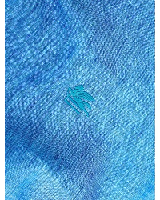 Etro Blue Pegaso-Embroidered Mélange-Effect Shirt for men