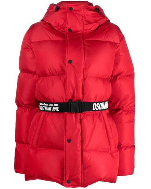 DSquared² Red Hooded Belted Puffer Jacket