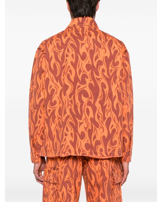 ERL Orange Giacca-camicia In Tela Con Stampa Fiamme for men
