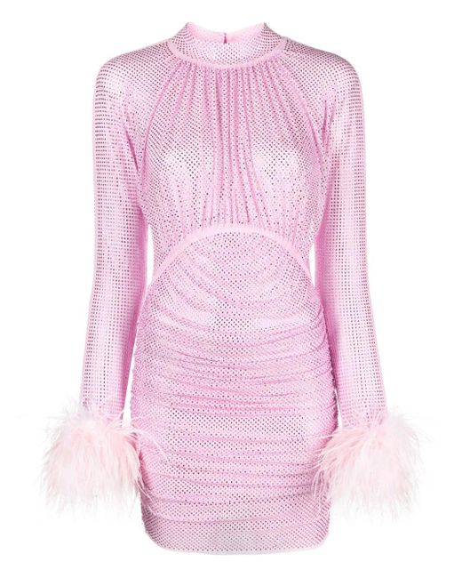 Self-Portrait Pink Mesh Dress With Rhinestones And Feather Details