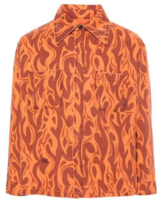 ERL Orange Giacca-camicia In Tela Con Stampa Fiamme for men