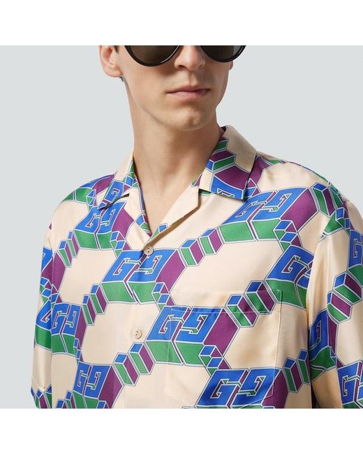 Camicia In Seta Con Stampa GG 3D di Gucci in Blue da Uomo
