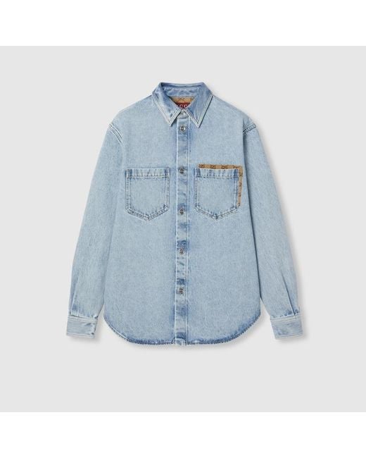 Gucci Blue Washed Denim Shirt With Gg Insert for men