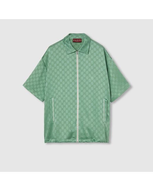 Gucci Ggサテン リラックスフィット ジップ シャツ, グリーン, ウェア Green