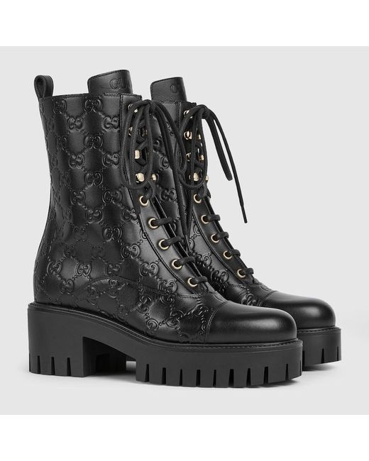 Gucci Gg ウィメンズ レースアップ アンクルブーツ, ブラック, レザー Black