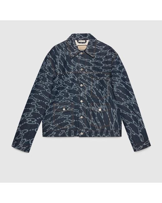 Gucci Blue Jacke Aus Denim Mit Wellenförmigem GG Laserprint