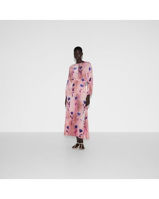 Gucci Pink Silk Crêpe De Chine Floral Print Dress