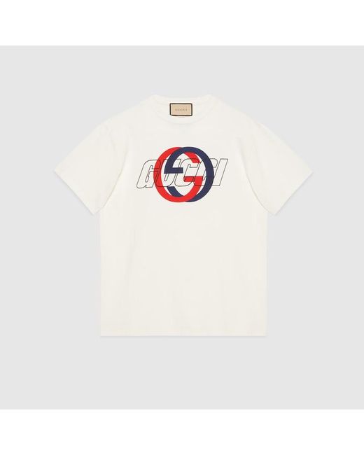 T-shirt Stampata In Jersey Di Cotone di Gucci in White da Uomo