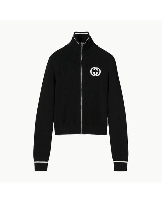 Gucci Black Ribbed Zip Jacket With Intarsia, Size S, Ready-To-Wear