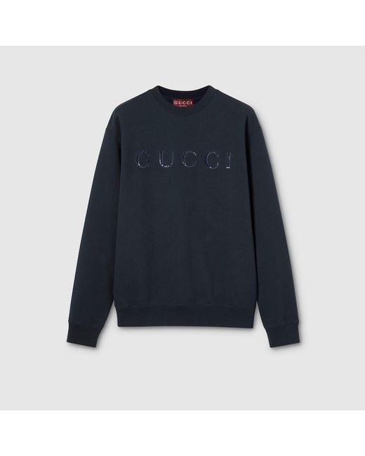 Gucci Blue Cotton Jersey Sweatshirt With Embroidery for men