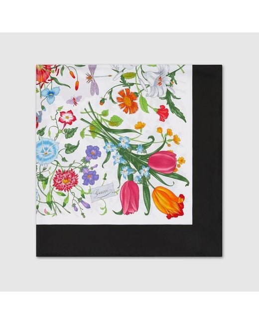 Gucci Black Vierecktuch Aus Seidentwill Mit Flora-Print