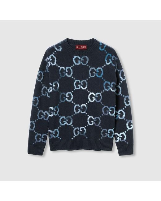 Gucci Blue Wool Sweater With Gg Intarsia, Ready-To-Wear for men