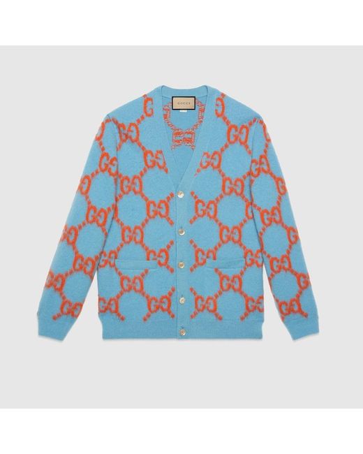 Gucci Blue Wool Cardigan With GG Intarsia for men