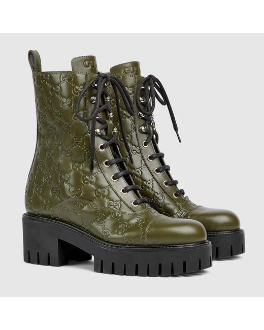 Gucci Gg ウィメンズ レースアップ アンクルブーツ, グリーン, レザー Green