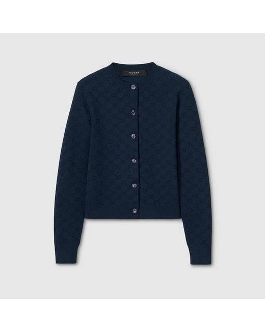 Gucci Blue Gg Fine Fabric Jacquard Cardigan