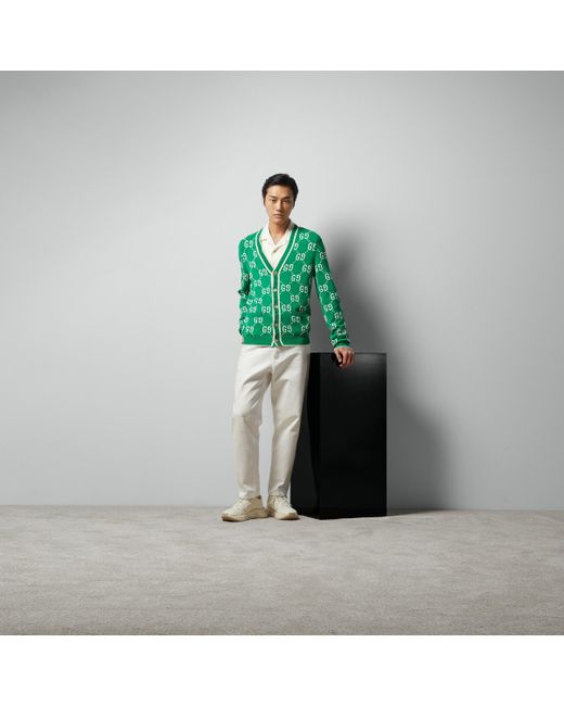 Gucci Green GG Cotton Intarsia Cardigan for men