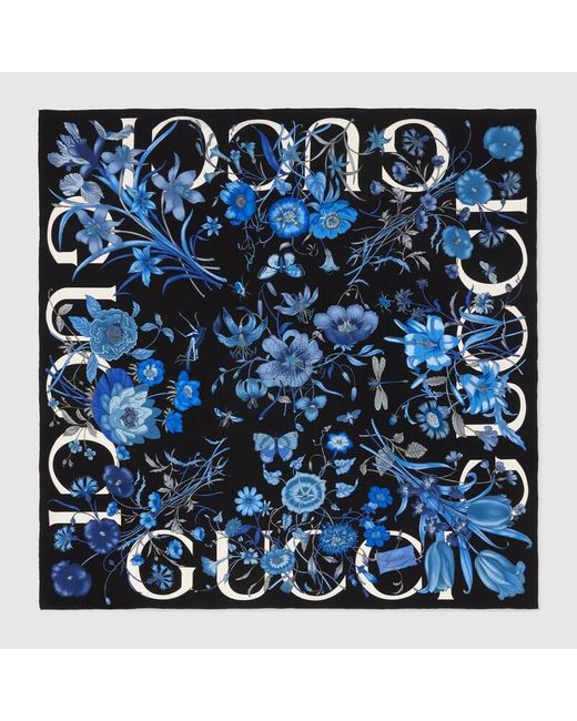 Gucci Blue Vierecktuch Aus Seide Mit Blumen-Print