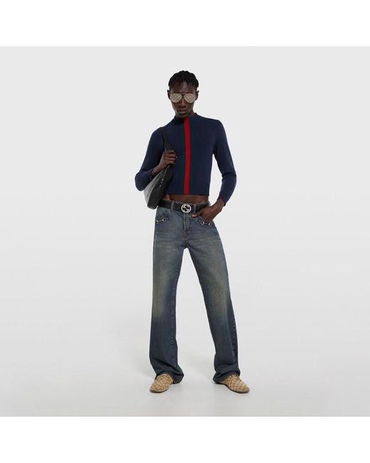 Gucci Blue Fine Knit Wool Sweater With Web for men