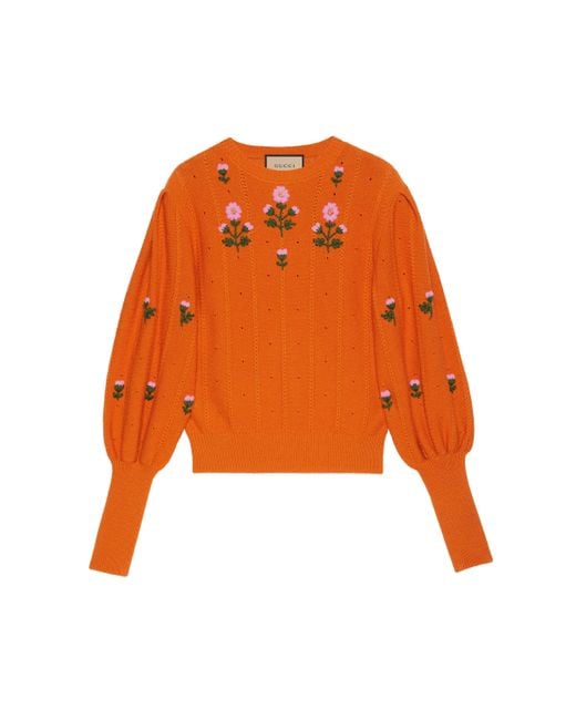 Gucci Orange Floral Wool And Cotton Knit