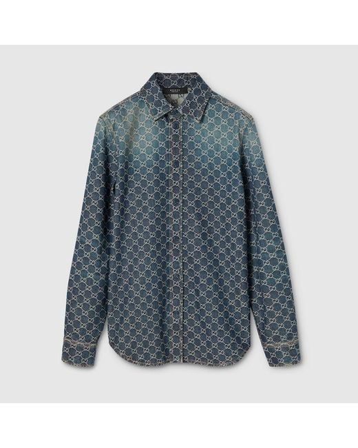 Gucci Blue Gg Cotton Denim Jacquard Shirt, Ready-To-Wear for men