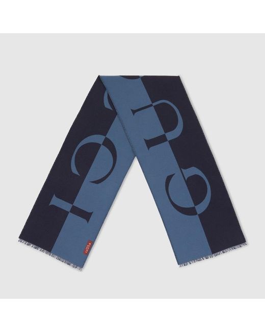 Gucci Blue Wool Scarf With Logo for men
