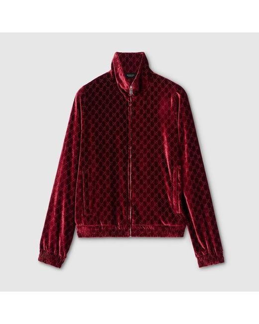 Gucci Red Gg Stretch Velvet Devoré Zipped Jacket for men