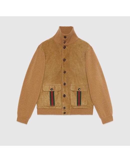 Gucci Brown Suede Bomber Jacket With Web for men