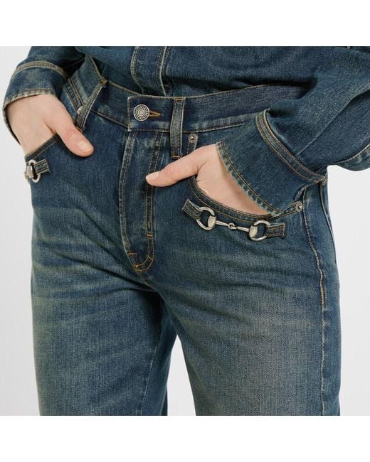 Gucci Blue Cotton Denim Pants With Horsebit