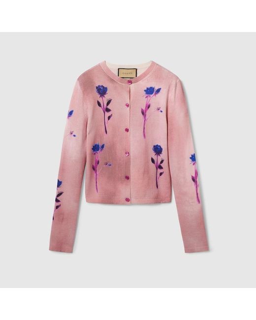 Cardigan En Laine Et Soie Fines À Imprimé Fleuri Gucci en coloris Pink