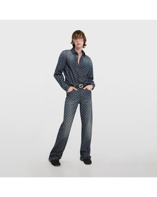 Gucci Blue Gg Cotton Denim Jacquard Pants for men