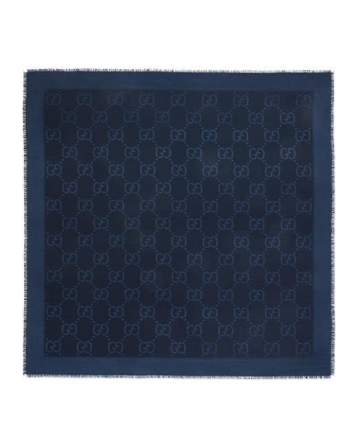 Gucci Blue GG Jacquard Silk Wool Shawl