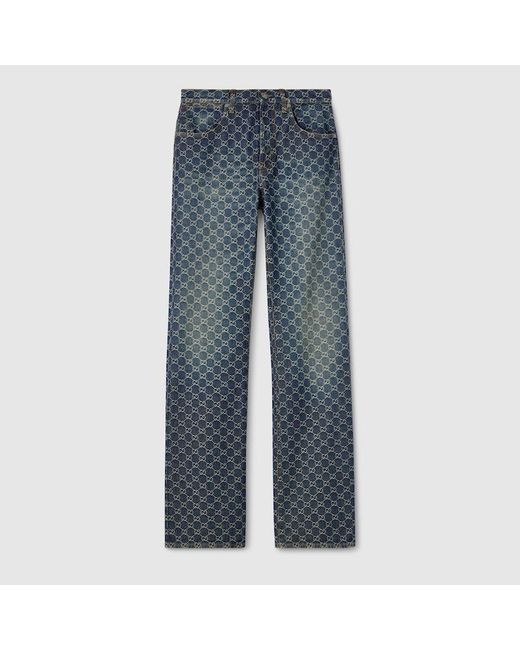 Gucci Blue Gg Cotton Denim Jacquard Pants for men