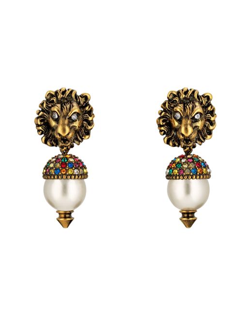 Gucci Multicolor Lion Head Earrings With Pearl