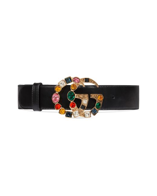 Gucci Black Leather Belt With Crystal Double G Buckle