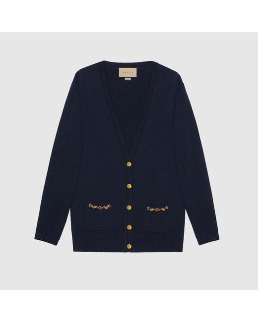 Gucci Blue Cashmere Cardigan With Chain Detail, Ready-To-Wear