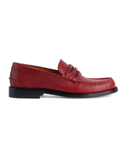 Gucci Leather Lovelight Lizard Loafer With Interlocking G in Red | Lyst ...