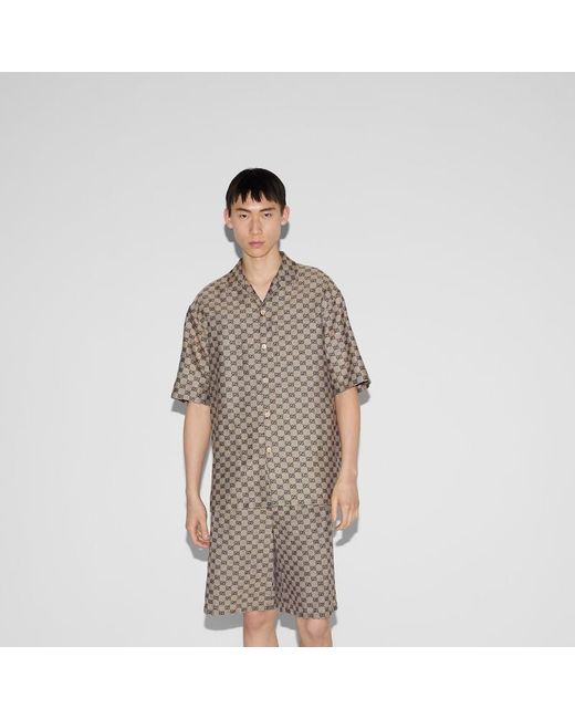 Camicia In Tessuto Di Misto Lino Con Motivo GG di Gucci in Gray da Uomo