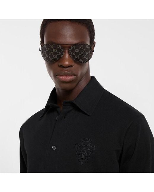 Gucci Black Cotton Piquet Shirt With Embroidery for men
