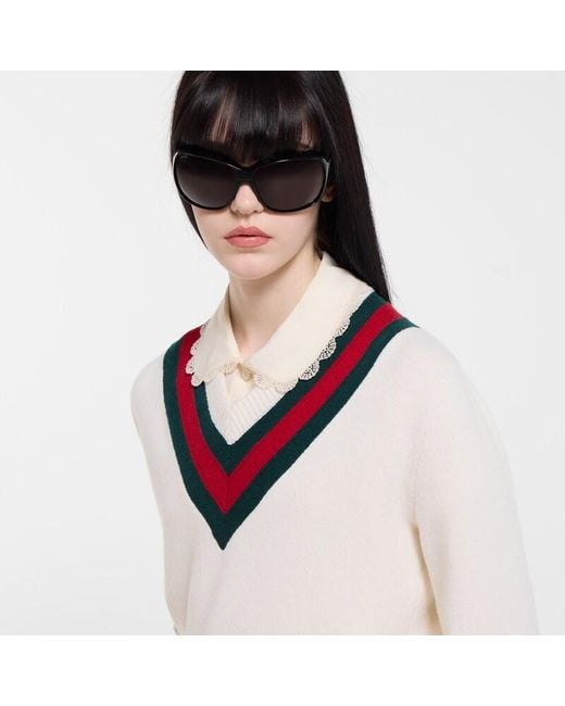 Gucci White Fine Knit Wool Sweater With Web