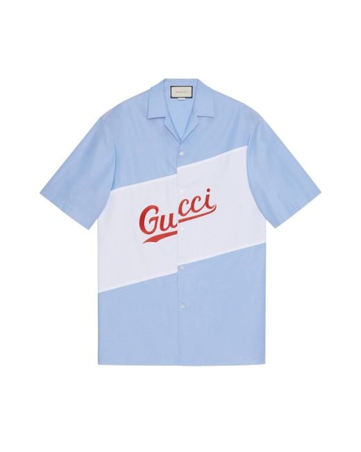 Camicia da bowling oversize con scritta di Gucci in Blue da Uomo