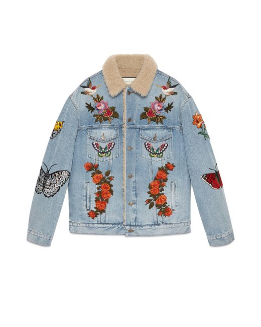 Gucci Embroidered Denim Jacket With Shearling in Blue for Men | Lyst