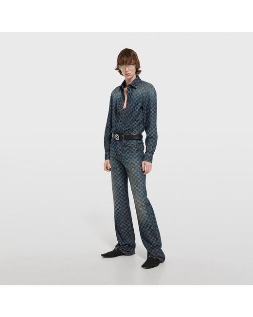 Gucci Blue Gg Cotton Denim Jacquard Shirt for men
