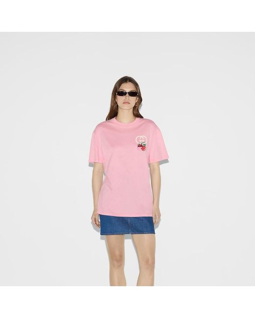 Camiseta de Punto de Algodón con Parche Gucci de color Pink